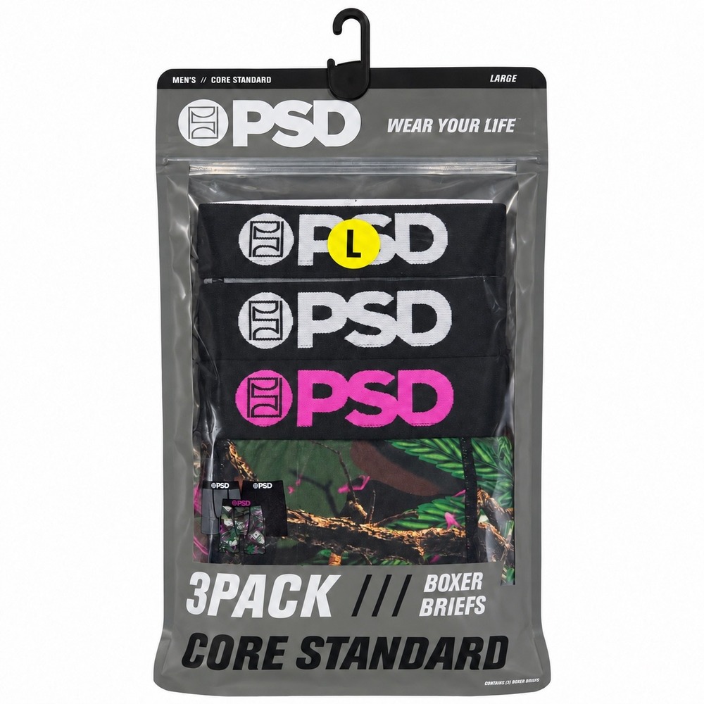 PSD Underwear Mens Core Standard Boxer Briefs 3-Pack Tropical Camo Black Grey L